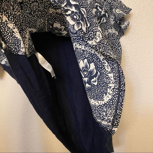 LOFT navy white print floral crew neck ruffle short sleeve top blouse cheap L - Picture 9 of 10